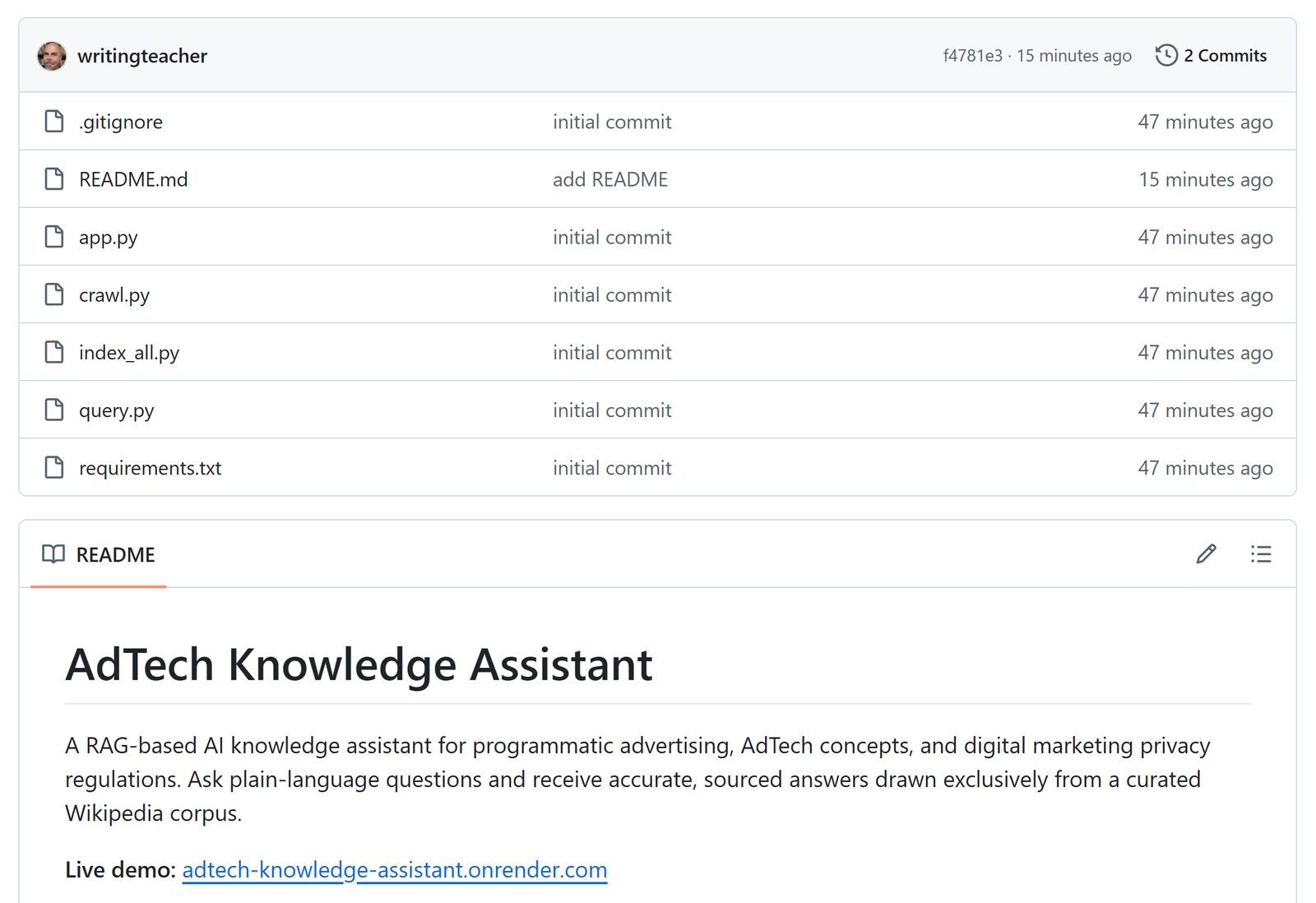 AdTech Knowledge Assistant GitHub repository — Python RAG pipeline with crawler, indexer, query interface, and Flask app