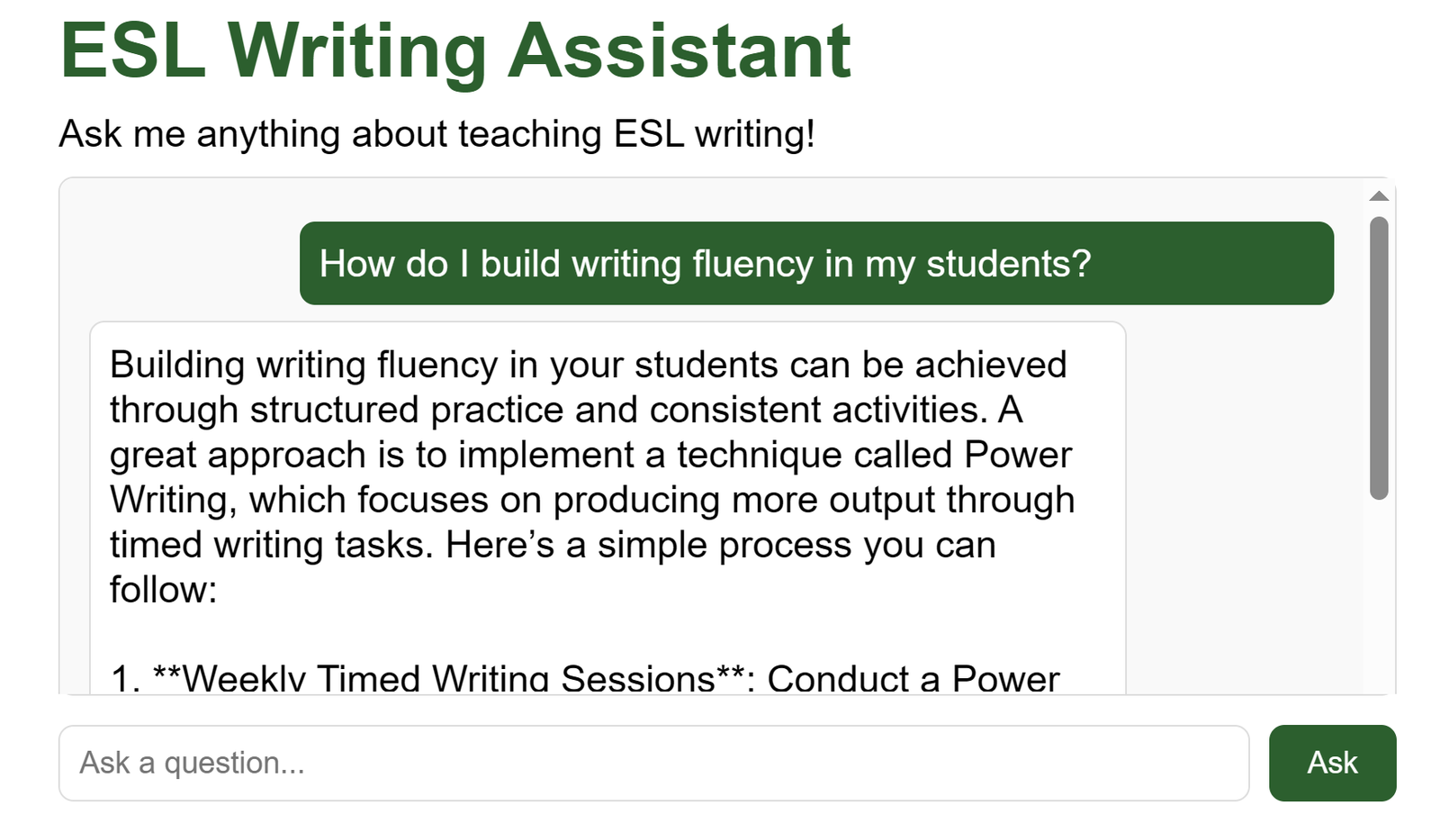 AI knowledge assistant answering a conceptual teaching question on eslwriting.org — RAG pipeline built on Python, OpenAI, and Pinecone retrieving answers from a 12-year, 1,000-post content archive