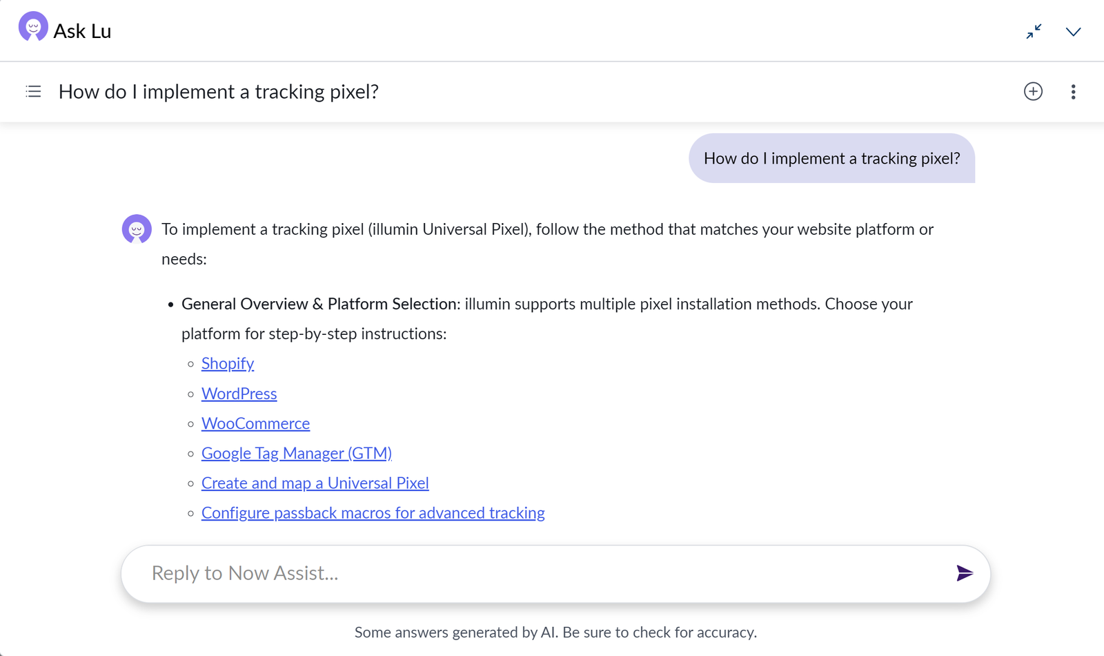 ServiceNow NowAssist AI knowledge assistant retrieving a real-time answer from the illumin knowledge base — 100+ articles structured for high-accuracy AI retrieval