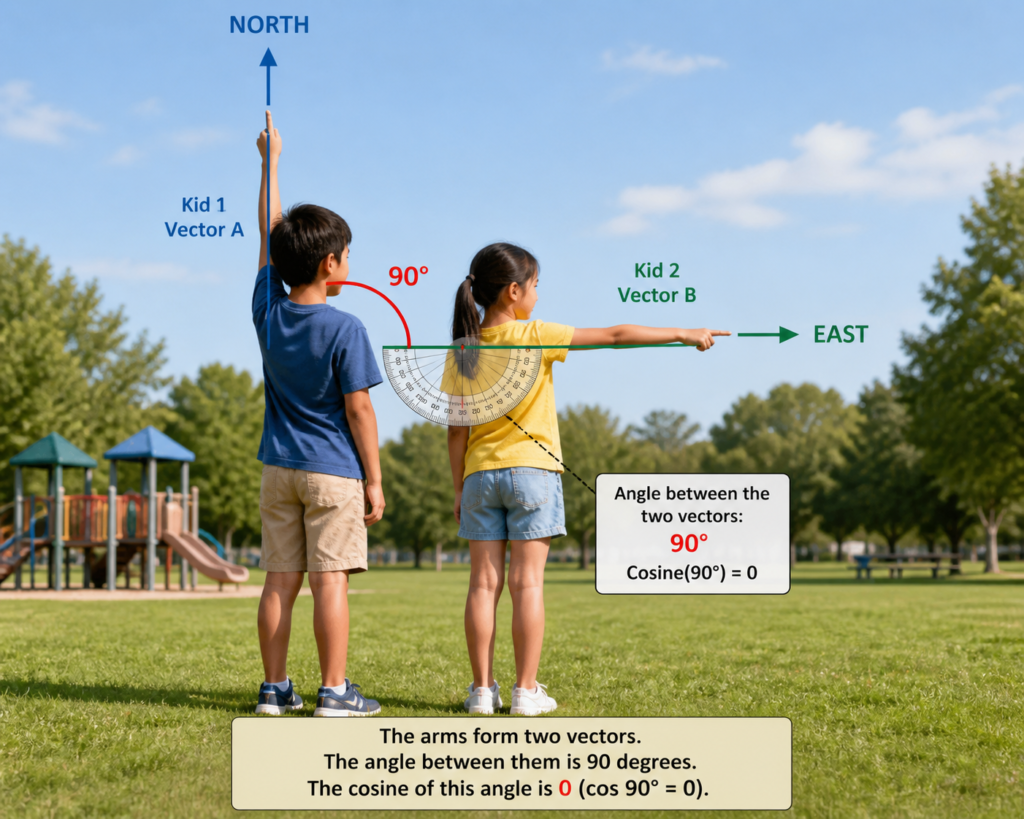 Cosine similarity example with two children forming a 90-degree angle, showing how vectors and angles are used in vector databases and embeddings.